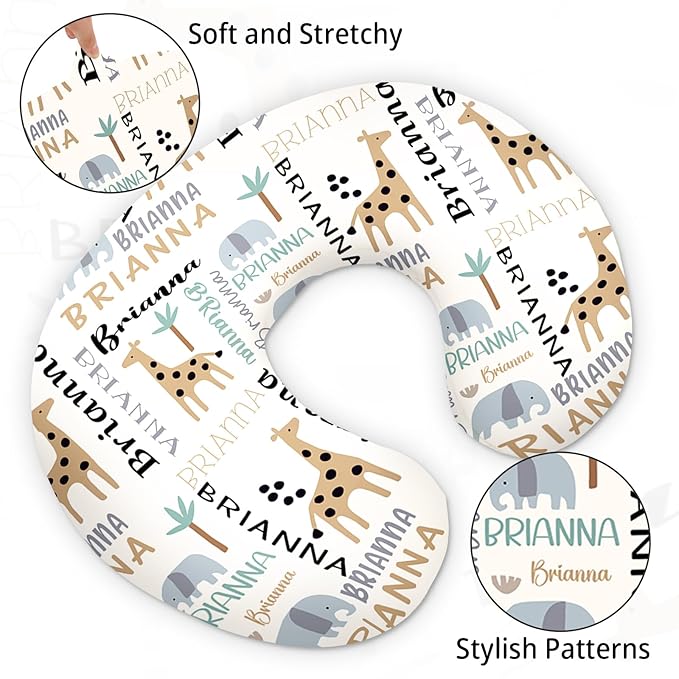 Baby Nursing Pillow Cover - Personalized Name Breastfeeding Pillow Cover with Giraffes Pattern, Stretchy Removable U-Shaped for New Moms, Soft Breathable Slipcover for Infant Boys Girls