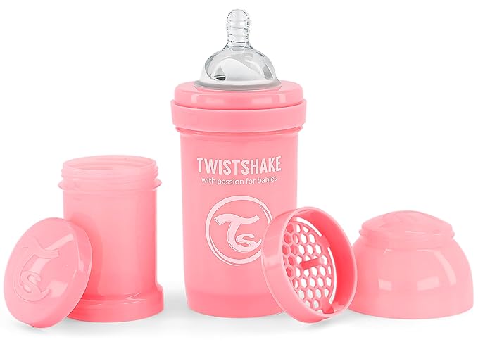 Twistshake Anti-Colic Baby Bottle with Powder Container and Mixer - 180ml | Fast Flow Silicone Breast-Like Nipple | BPA- Free Baby Milk Bottle | Comfort Feeding Experience for Babies (Pastel Pink)