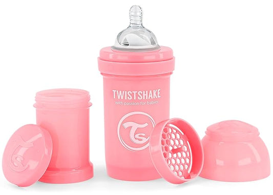 Twistshake Anti-Colic Baby Bottle with Powder Container and Mixer - 180ml | Fast Flow Silicone Breast-Like Nipple | BPA- Free Baby Milk Bottle | Comfort Feeding Experience for Babies (Pastel Pink)