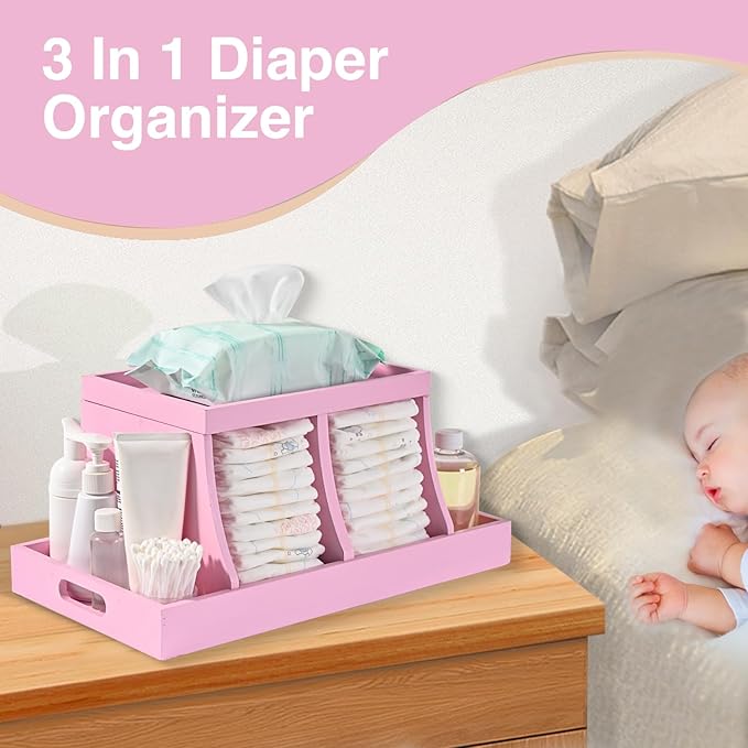 Three colors Diaper Organizer, Wooden Diaper Caddy Organizer, Changing Table Organizer, Diaper Storage Organizer, Nursery Baby Organization Pink