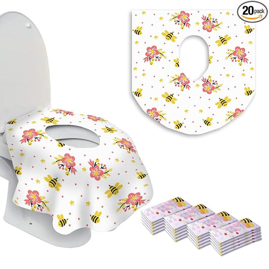 20 Extra Large Toilet Seat Covers Disposable for Kids & Adults-Toilet Covers Disposable for travel-Toddler Toilet Seat Cover Liners for Potty Training-Individually Wrapped-Waterproof (Bees)