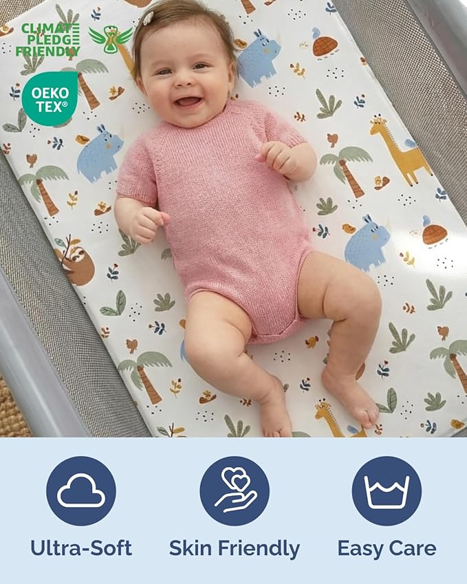 Pack and Play Sheets Fitted - 2 Pack Mini Crib Sheets for Pack N Play Mattress - Unisex Playard Microfiber Bedding for Boys & Girls - Soft, Breathable and Wrinkle Free - Oeko-Tex, 38 x 26in - Safari
