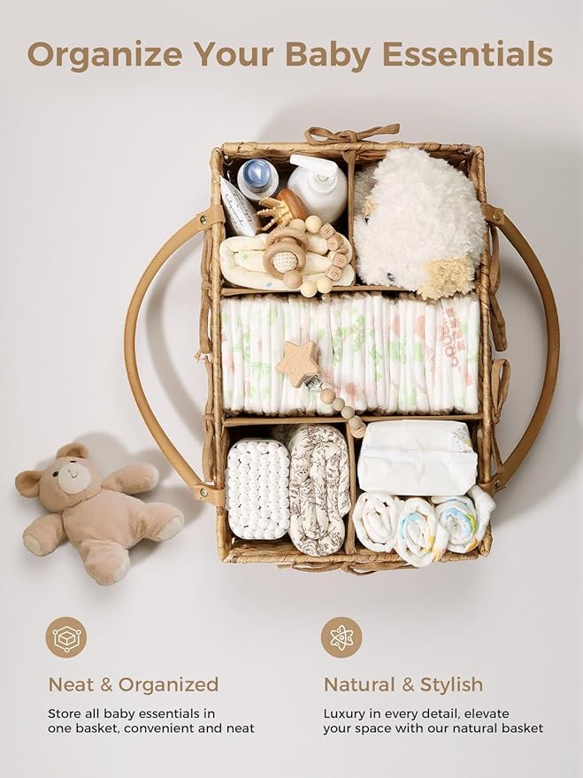 Diaper Caddy Organizer, Hand Rattan Nursery Storage Basket for Baby Essentials, Baby Changing Table Organizer Perfect Nursery Assistant, Easy Assemble (Natural Light, L)