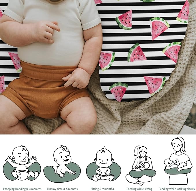 Watermelon Black and White Stripes Baby Nursing Pillow Covers for Boy Girl Tropical Summer Fruits Nursery Slipcovers for Breastfeeding Pillows Beach Vacation Soft Stretchy Covers for Newborn Infant