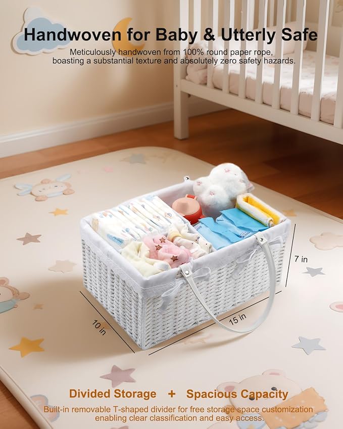 Large Baby Diaper Caddy Basket - Portable Wicker Paper Rope Storage Baskets Woven Car Organizer for Diapers With Divider White