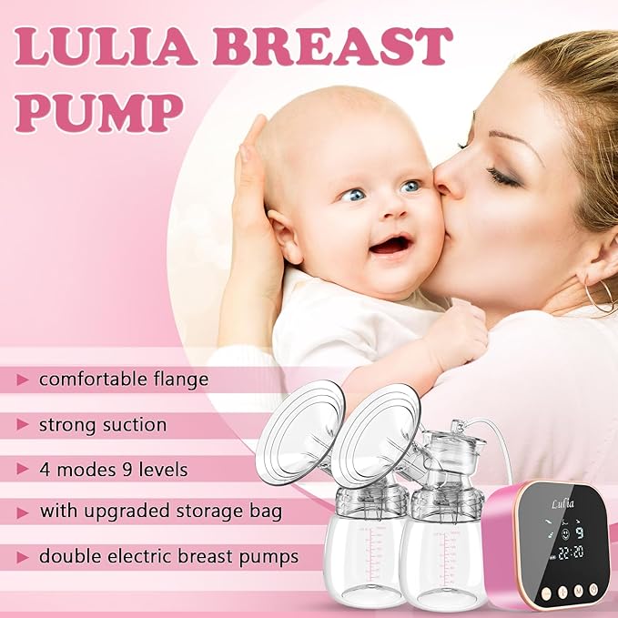 Lulia Double Electric Breast Pump, Breastfeeding Pump 4 Modes & 9 Levels, Low Noise, Anti-Backflow & LED Display, BPA Free, Portable Breast Pumps with 24mm Flange, Pink