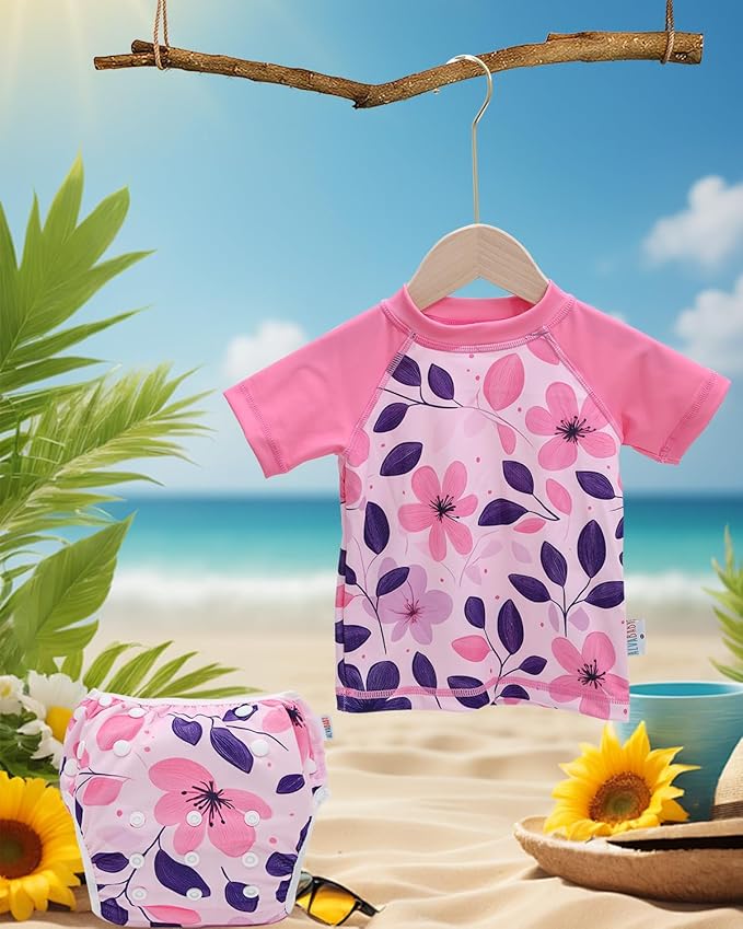 ALVABABY Baby Girl Swimsuit, 2-Piece Infant Toddler Bathing Short Sleeve Swimwear, Large Baby Reusable Swim Diaper with Matching Top