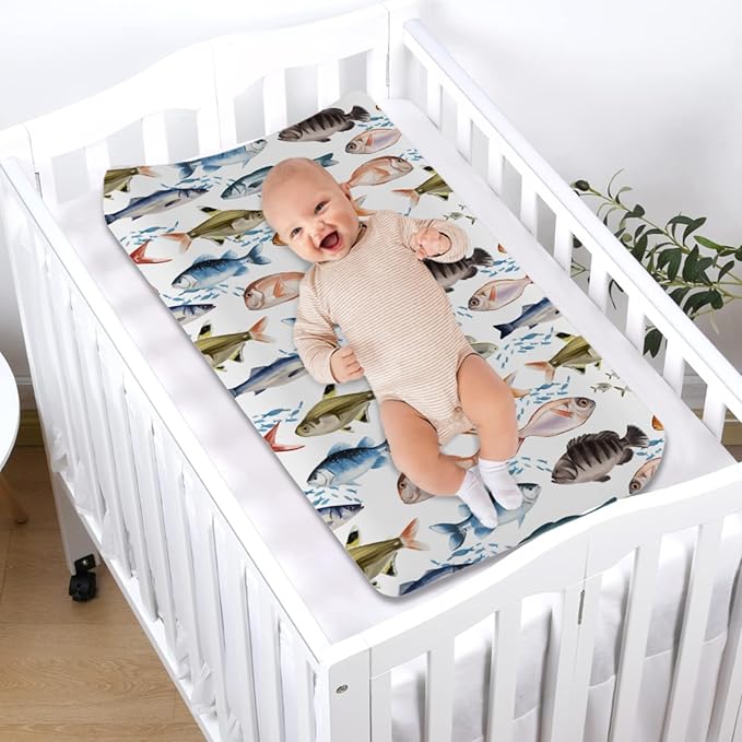 Watercolor Fish Baby Changing Pad Covers for Boy Girl 32''x16'' Freshwater Fishes Fitted Diaper Changing Table Pad Mats Outdoor Fishing Lovers Gift Comfort Soft Breathable Cradle & Bassinet Sheets