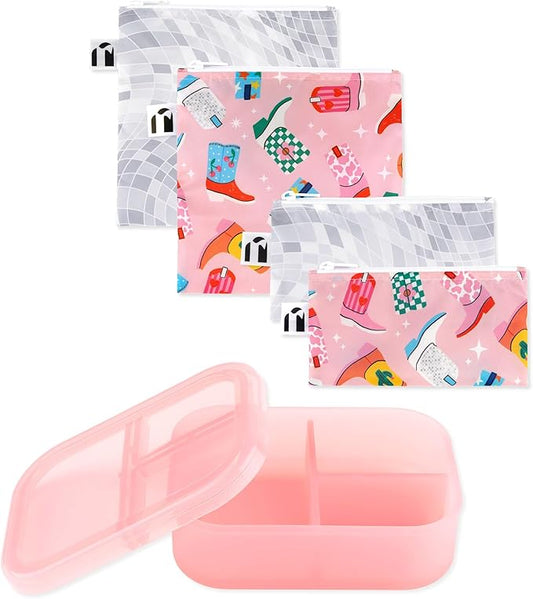 Bumkins Snack Bags and Snack/Lunch Bento Box 3 Compartment Container, Cowgirl Boots and Pink