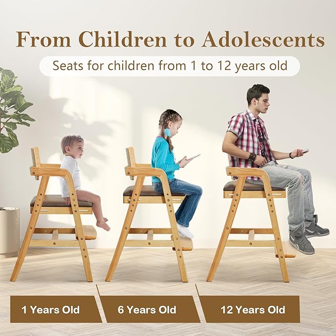 Solid Wood High Chair for Toddlers to Teens, Adjustable Height Toddler Dining Chair, Easy to Clean Toddler Highchair with Removable PU Cushion for Dining, Studying, Step Stool, Natural