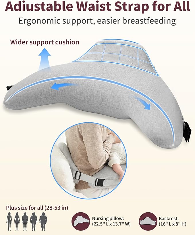 Nursing Pillow - with 2 Removable Cotton Cover, Firm Springy Memory Foam - Adjustable Waist Strap, Ergonomic Support, with Removable Backrest, Easier Breastfeeding