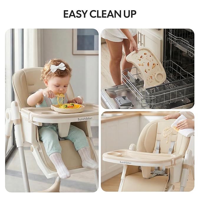 Sunchild 3-in-1 Baby High Chair with Wheels, 5-Point Harness, Tray, Footrest, and Backrest, Foldable and Adjustable for Toddlers 6-36 Months, Beige