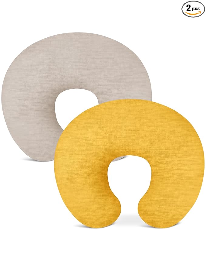 Nursing Pillow Covers 2 Pack, Muslin Nursing Cover for Breastfeeding Pillows, Comfortable for Baby Girls and Boys (Beige & Mustard Yellow)
