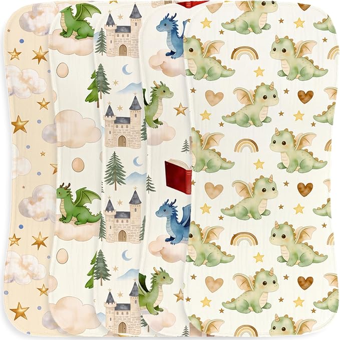 5 Pack Baby Burp Cloths, Soft Cotton Dragon & Castle Theme Burp Cloths, Super Absorbent Cute Magical Woodland & Knight Print Washcloths, Newborn Baby Boy Essentials Gift Set