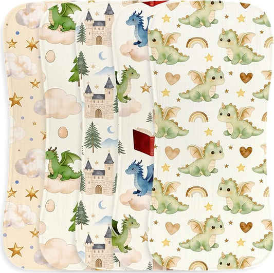 5 Pack Baby Burp Cloths, Soft Cotton Dragon & Castle Theme Burp Cloths, Super Absorbent Cute Magical Woodland & Knight Print Washcloths, Newborn Baby Boy Essentials Gift Set