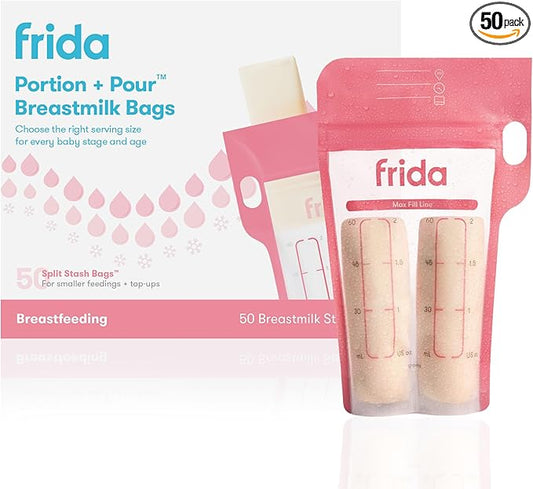 Frida Mom Breastmilk Storage Bags, 50ct Splitstash Freeze & Thaw Milk Bags for Breastmilk, Splits Bag into Two 2oz Portions, Leakproof Seal, Perfect Pour Spout, No Slip Finger Grip, BPA Free, 4oz Bag