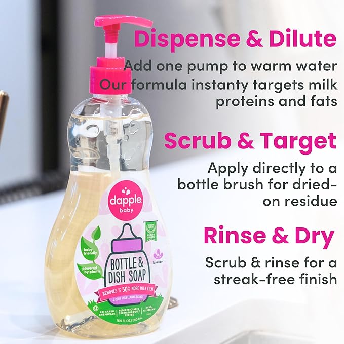 Dapple Baby Lavender Baby Bottle & Dish Soap - (3 Pack) 16.9 fl oz - Plant-Powered Dish Soap for Bottles, Pump Parts, and Sippy Cups - Includes 1 Pump