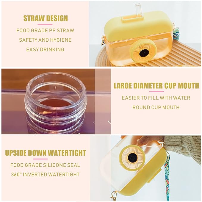 13 oz Cute Water Bottle with Straw - Camera Shape Water Cup with Adjustable Shoulder Straps - Ideal Kawaii Gift for School (Yellow)