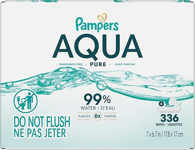 Pampers Aqua Pure Baby Wipes, 99% Water, Fragrance Free, 336 Baby Wipes Total (6X Flip-Top Packs) [Packaging May Vary]