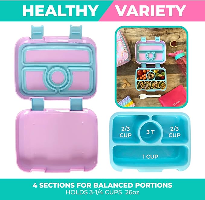 Bento Lunch Box with Thermo for Kids Set, Insulated Lunch Bag with Ice Pack, Stainless Steel Food Jar for Hot Soup, Boxes with 4 Compartments for Girls Toddler Snacks Lunches, Purple Rainbow