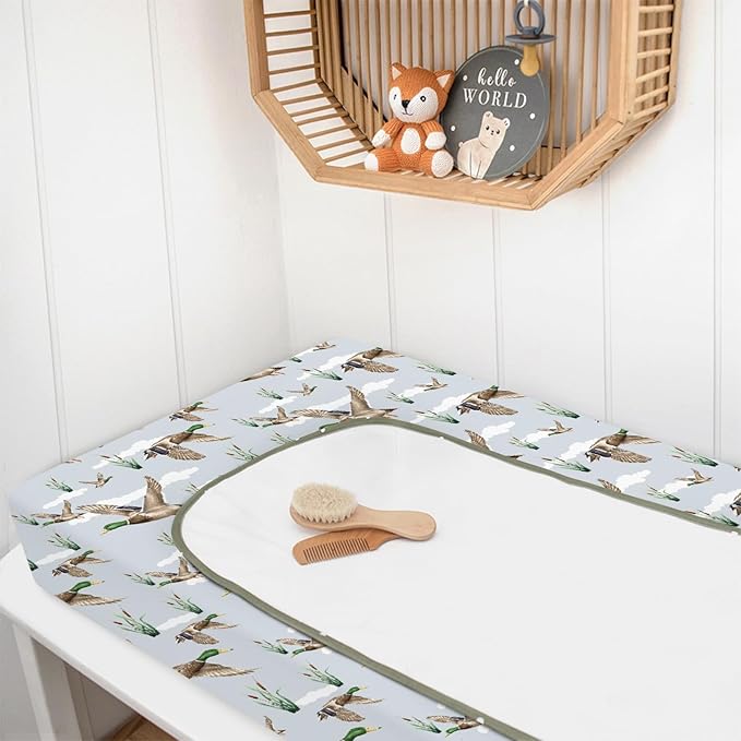 HawSkgFub Duck Hunting Mallard Hunter Changing Pad Cover for Baby Boys, Wild Animal Bird Reeds Blue Diaper Change Table Covers, Soft Stretchy Safe Snug Fitted Changing Mat Sheets Fit 32"/34" x 16"