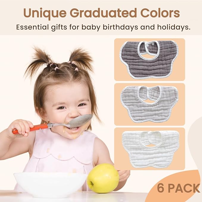 MUKIN Soft Cotton Muslin Baby Bibs 6 Pack | Adjustable Snap Closure for Newborns| Absorbent for Drooling, Teething & Feeding