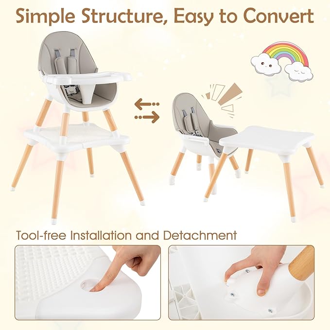 GLACER High Chair, 6-in-1 Convertible Wooden High Chairs for Babies and Toddlers w/Building Block Table, 5-Point Safety Harness, Removable Tray, PU Cushioned Baby High Chair for 6-36 Months (Grey)