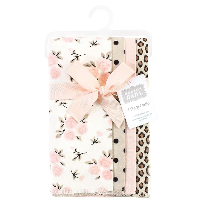 Hudson Baby Unisex Baby Cotton Flannel Burp Cloths, Neutral Pink Floral 4 Pack, One Size