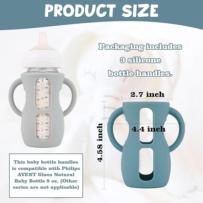 3 Pack Silicone Sleeves with Handles for Avent Natural Glass Baby Bottles, Anti Breakage Baby Bottle Holder, Compatible Philips Avent Glass Natural Baby Bottle 8 oz