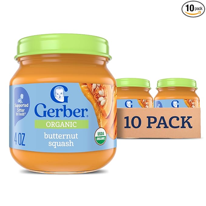 Gerber Stage 1 Baby Food, Organic Butternut Squash Jar, Baby Puree, Non-GMO, Vegetable, Puree Jars Glass, 10-pack