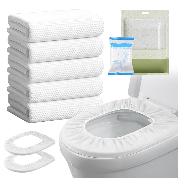 20 Pack Disposable Toilet Seat Cover Waterproof Non-Woven Fabric, Disposable Toilet Seat Covers for Travel, Disposable Seat Covers for Outing Hotel Hospital Public Toilet (White+5 Pack Towels)