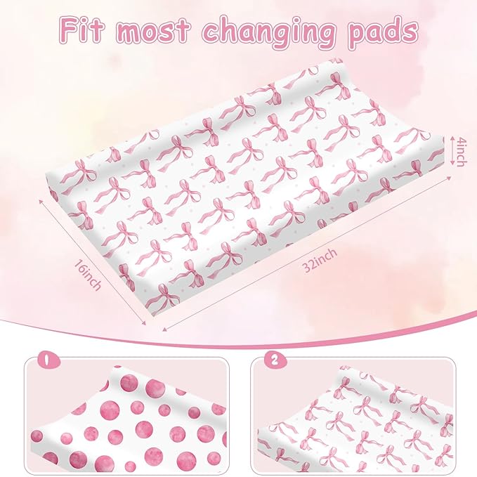 2 Pack Baby Changing Pad Covers, Changing Table Cover for Girls, Pink Bow Changing Pad Covers 32'' x 16'' Safe Snug Fitted Diaper Table Sheet Fits Standard Changing Tables and Dressers(Bassinet)