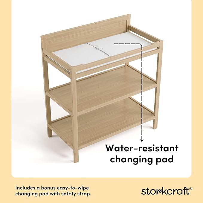 Storkcraft Alpine Changing Table (Driftwood) - Includes Water Resistant Changing Pad with Safety Strap, 2 Open Shelves for Storage