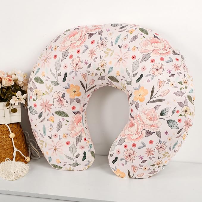 Baby Nursing Pillow Cover, Removeable Breastfeeding Pillow Slipcover, Nursing Pillow Case for Newborn Boys Girls, Soft Fabric Fits Snug On Infant, Washable & Breathable, Yellow Pink Flowers