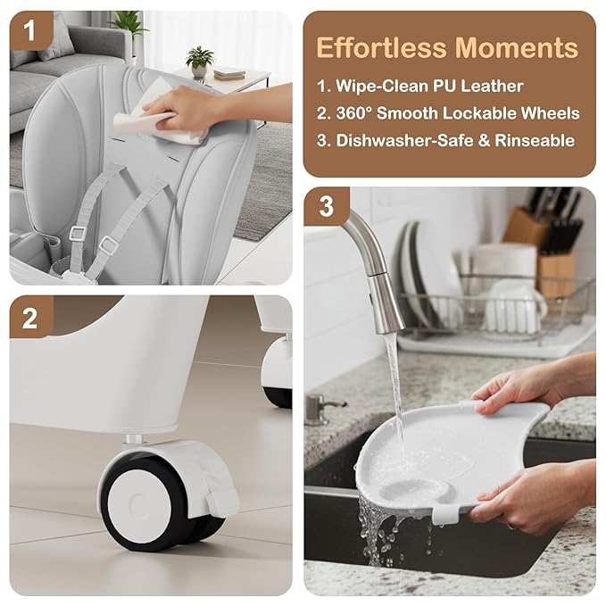 3-in-1 High Chairs for Babies and Toddlers, Foldable Baby High Chair with Rocking Mode, 5 Height Levels, Adjustable Backrest & Footrest, Lockable Wheels (Grey)