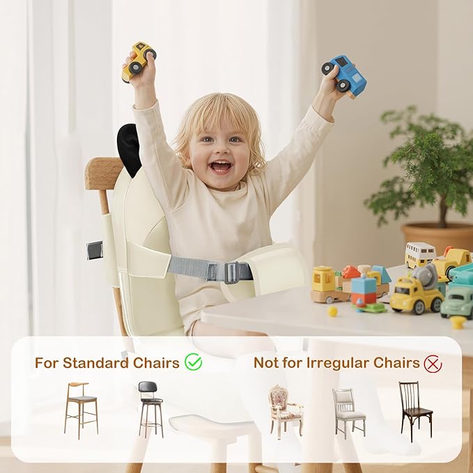 Booster Seat for Dining Table, Toddler Booster Seat for Dining Table, Kids Boys Girls Portable PU Waterproof Travel Baby Boosters Increasing Cushion with Backrest and Adjustable Strap (White, Onesize)