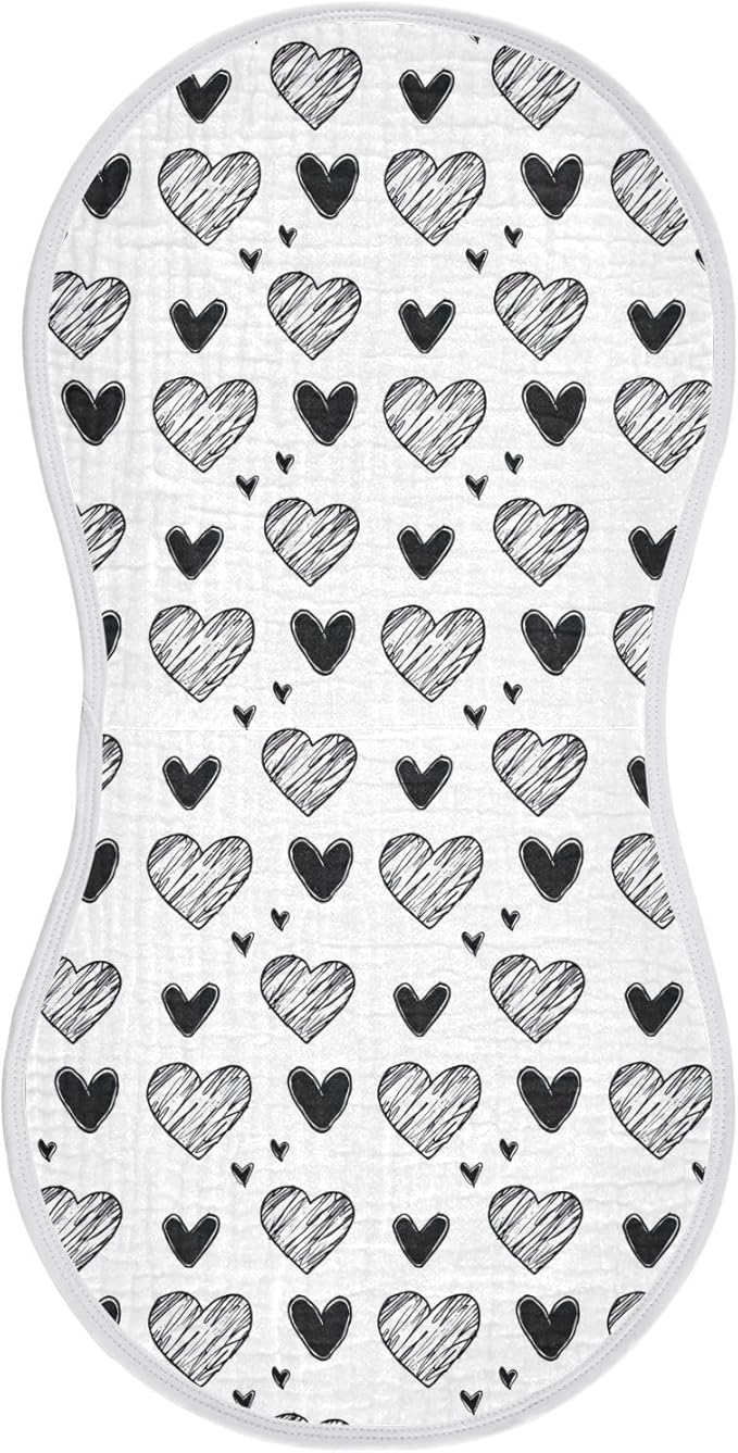 1Pc Black White Hearts Burp Cloth,Unisex Large Absorbent Soft Cotton Muslin Burping Cloths for Newborn Boys Girls,11x22in,A113395