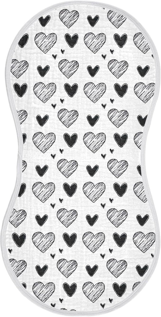 1Pc Black White Hearts Burp Cloth,Unisex Large Absorbent Soft Cotton Muslin Burping Cloths for Newborn Boys Girls,11x22in,A113395