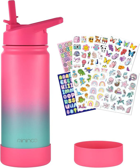 Mininoo Girls Water Bottle for School, 16oz Stainless Steel Insulated Metal Water Bottle with Straw Lid for Boys (Punch/Green)