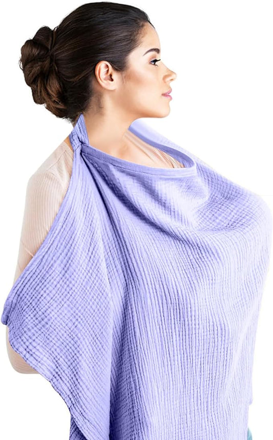 Nursing Cover – 100% Cotton Muslin, Snap Buttons, Rigid Neckline, Lightweight, Breathable, with Carry Pouch