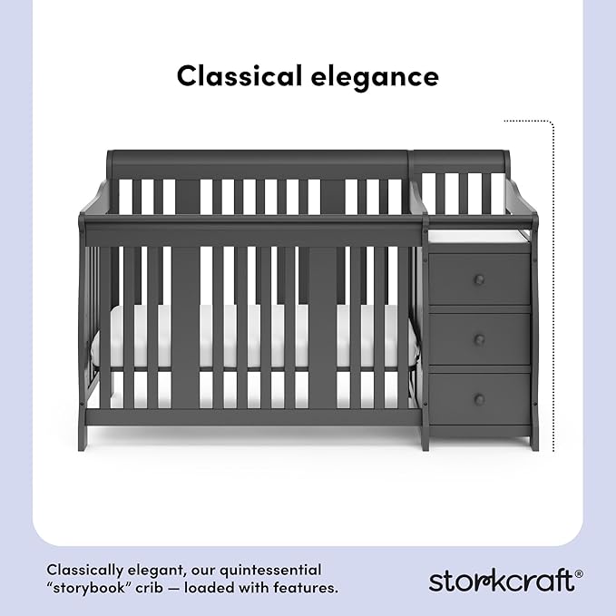 Storkcraft Portofino 5-in-1 Convertible Crib and Changer – Crib and Changing Table Combo with Drawer, Converts to Toddler Bed, Daybed and Full-Size Bed, Storage Drawer (Gray)