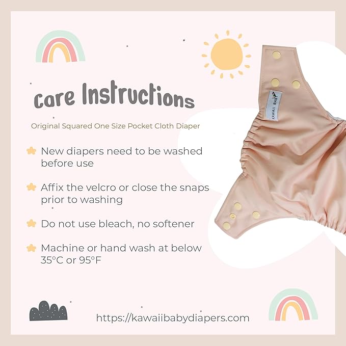 KaWaii Baby Reusable Cloth Diaper Bundle- 4 Printed Snap + 8 Premium Diaper Inserts One Size Adjustable Newborn to Potty Trained Toddler - Sun Shower