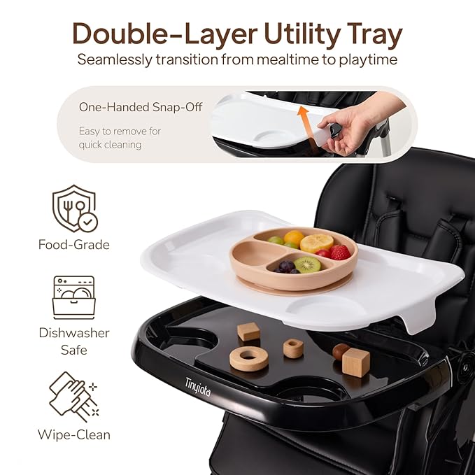 Tinyiota 4 in 1 High Chair for Babies and Toddlers with Wheels, 8-Height Adjustable & 3-Position Recline, Easy Clean, Dishwasher Removable Tray, Foldable HighChair for Infant, Meets ASTM Safety, Black