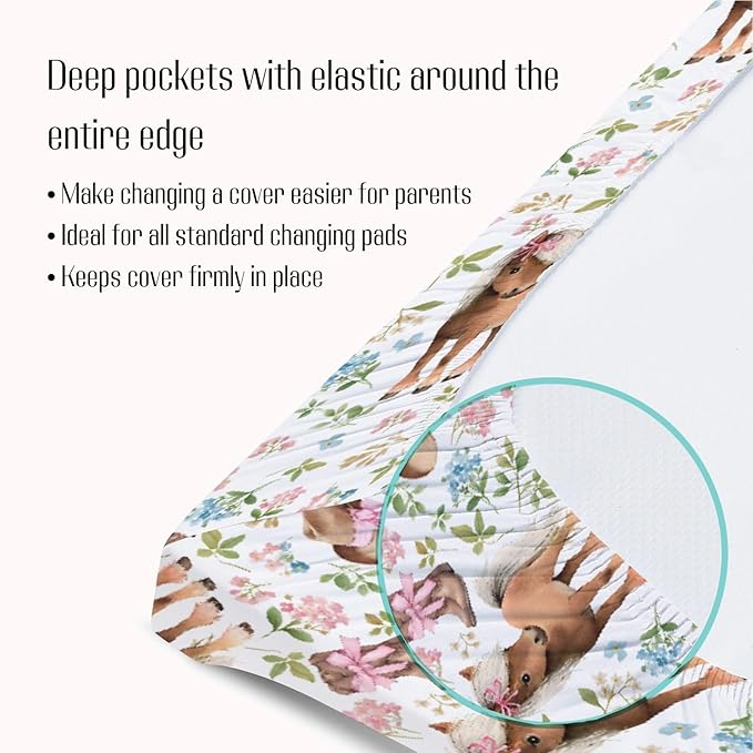 Baby Girls Changing Pad Covers Western Cowgirl Pony Floral, Horse Pink Flower Hat Boot Safe Snug Fitted Diaper Table Sheet, Soft Breathable Stretchy Change Mat Shower Gift Fit 32 34 x 16