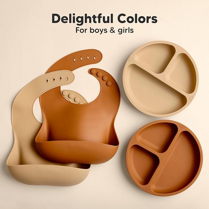 KeaBabies 2-Pack Silicone Bibs for Babies, Toddlers Girl, Boy – Sturdy Food-Grade Baby Bibs for Eating, Large Food Catcher, Clean & Put On Easily, Waterproof Toddler Feeding Essentials (Terracotta)