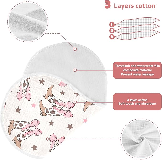 Bows Cowgirl Boots Western Burp Cloths Baby Boys Girls Absorbent Soft Cotton Burping Cloths Rags, 1 Pack
