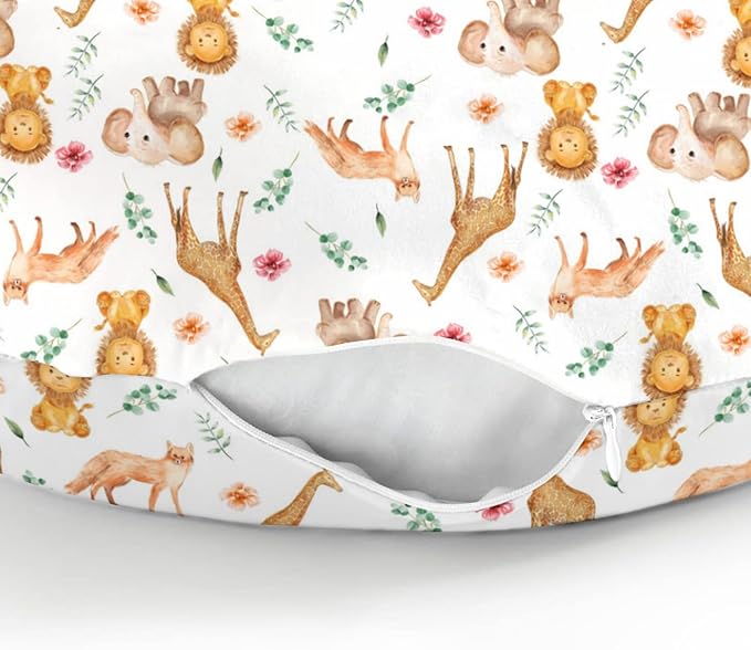 Watercolor Safari Animals Baby Nursing Pillow Covers for Boy Girl Lion Giraffe Elephant Floral Leaves Nursery Pillowcase for Breastfeeding Pillows African Jungle Soft Stretchy Slipcover for Infant