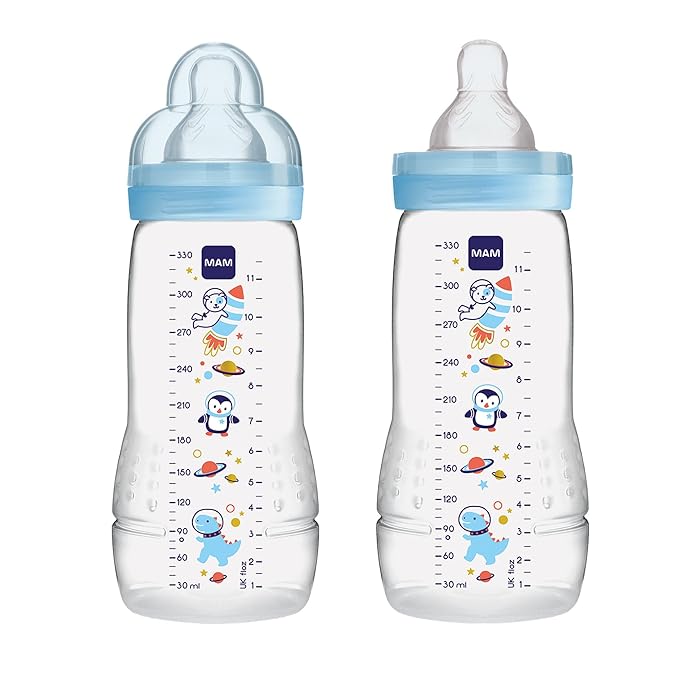 MAM Easy Start Matte Anti-Colic Baby Bottles, Medium Flow Nipples, 9 oz (2 Count) & MAM Easy Active Baby Bottles, Fast Flow, 11 oz (2 Count) Bundle for Baby Boy