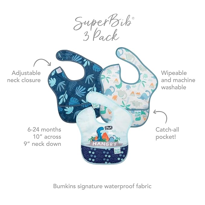 Bumkins Bibs for Girl or Boy, SuperBib Baby and Toddler for 6-24 Months, Essential Must Have for Eating, Feeding, Baby Led Weaning Supplies, Mess Saving, 3-pk Hangry, Dinosaurs, and Blue Tropic