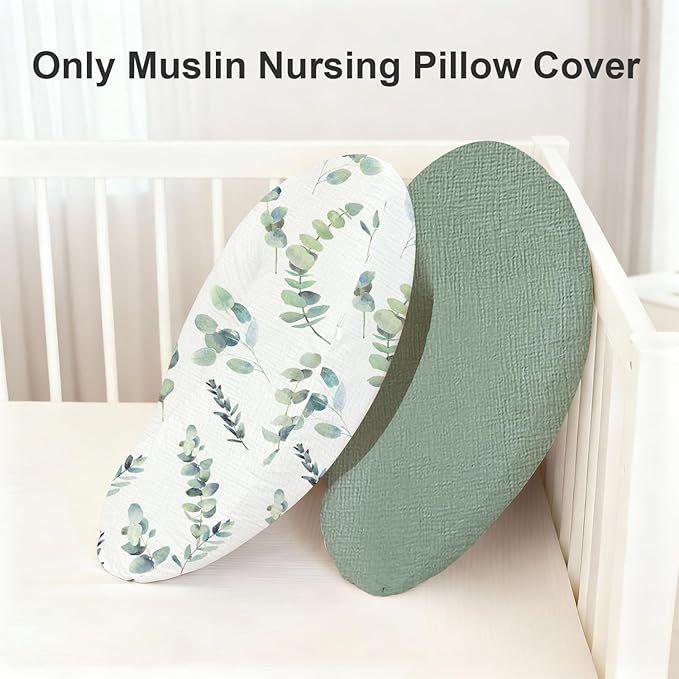 Little Grape Land Muslin Nursing Pillow Covers 2 Pack, 100% Cotton Removable Breastfeeding Pillow Covers, Feeding Pillow Slipcovers for Baby Boys & Girls, (Leaves & Green)